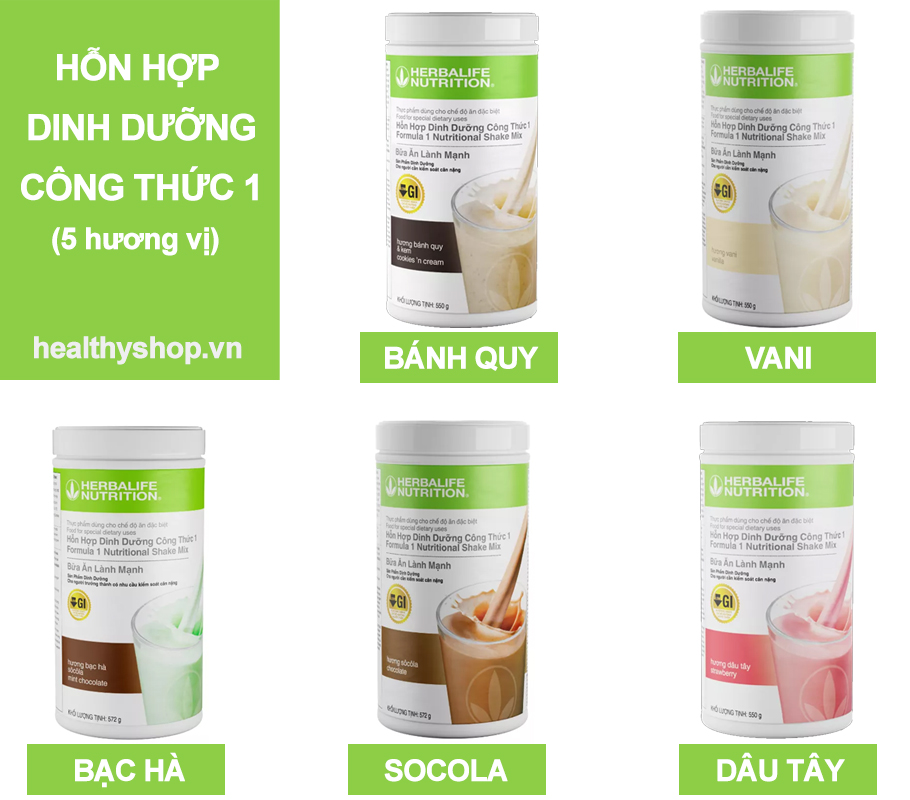 Hỗn hợp dinh dưỡng công thức 1 (Formula 1) gồm 5 hương vị: hương bánh quy kem, hương vani, hương bạc hà, hương socola và hương dâu tây.